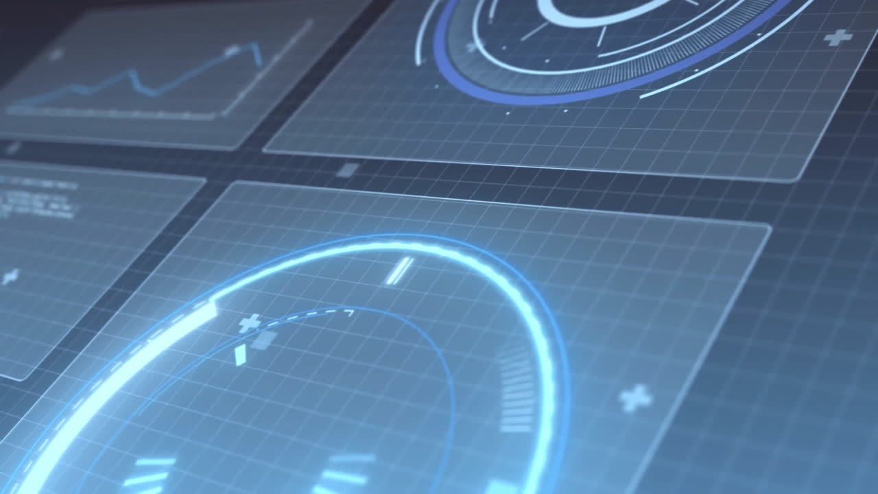 Futuristic data processing and analysis animation with circular graphs and grids