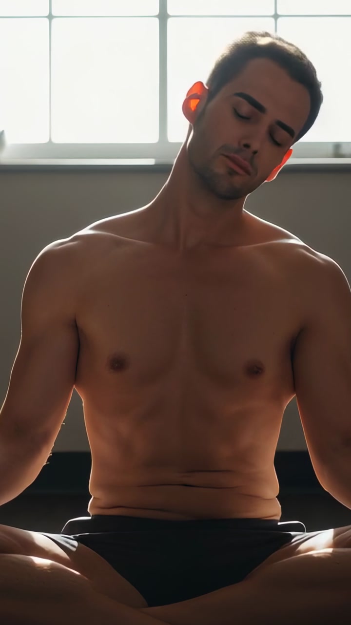 Vertical video: Starting shirtless man in shorts tilting right for neck mobility on mat by window
