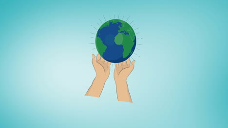 animation of hands holding globe on blue background