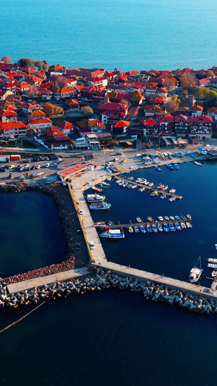 Marina organizzata con numerose banchine e varie piccole imbarcazioni ormeggiate vicino a tradizionali edifici con tetti rossi. Vista dall'alto di un porto peschereccio e di una città costiera. Video verticale.