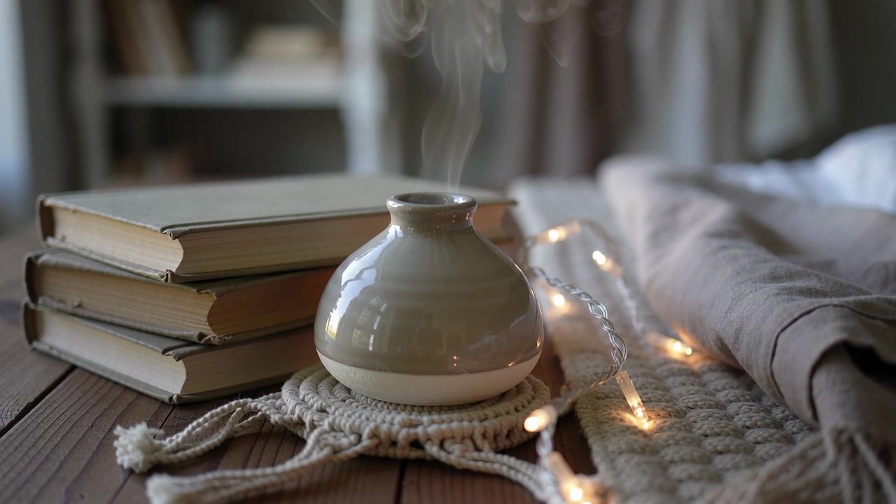 Diffusore in ceramica che emette vapore in un angolo lettura, la telecamera avanza e le luci creano un'atmosfera accogliente