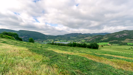 Daylight-time-lapse-of-clouds-gliding-over-vast-green-landscape-in-countryside