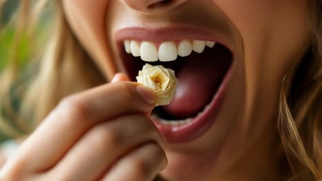 Close up of a woman with flawless teeth, gently holding a small dried rose near her open mouth, exuding beauty and femininity