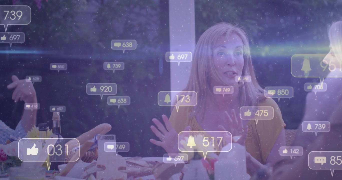 Mature Woman Talking at Outdoor Dinner Party with Social Media Graphics