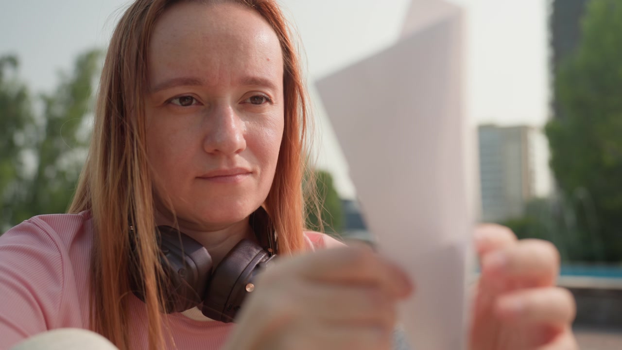 Donna esamina un aeroplano di carta bianco alla luce soffusa del giorno, indossando cuffie e abiti casual. La scena è ambientata all'aperto con vegetazione sfocata ed edifici urbani sullo sfondo, concentrandosi su di lei.