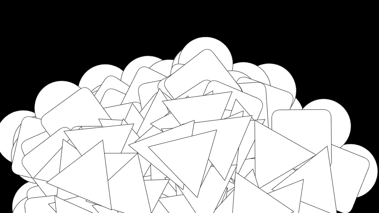 Black background with moving triangles, squares and circles