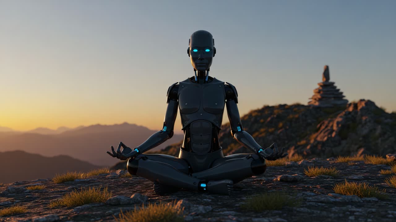 A Futuristic Robot Meditating at Sunset on a Mountain, Combining Technology and Nature in a Serene and Tranquil Setting
