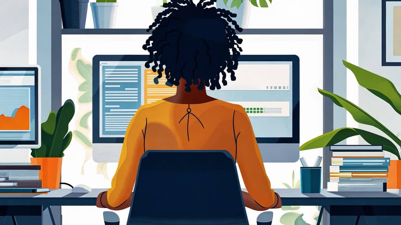 Person working on computer at desk in office illustration