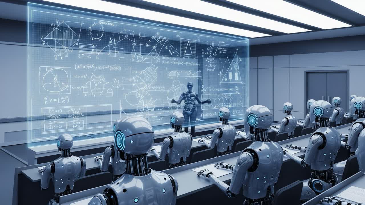 A Futuristic Classroom with Robots Learning Advanced Concepts: An Instructor Engages Robot Students in a High-Tech Learning Environment Featuring Holographic Displays