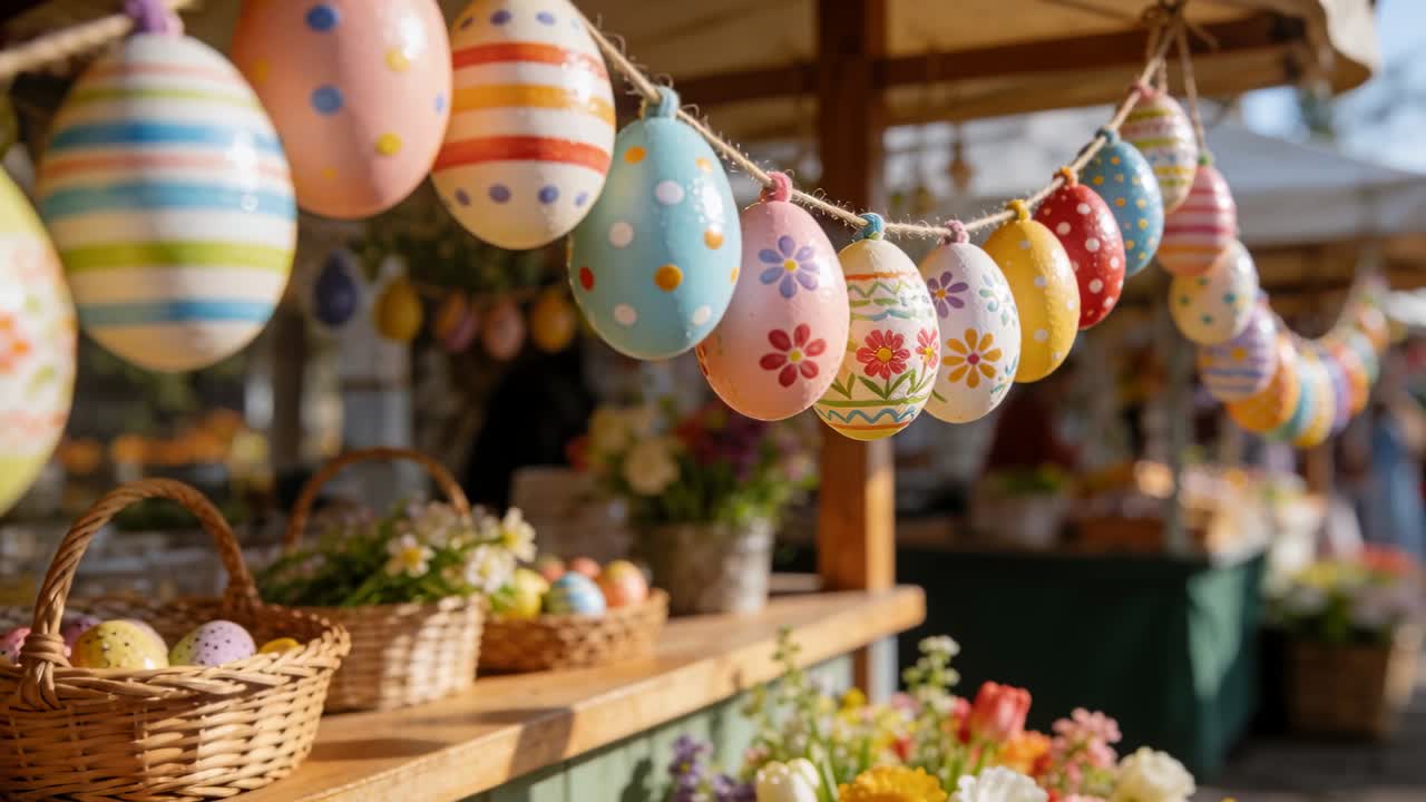 Kamera nähert sich einer bemalten Eiergirlande an einem Marktstand, Details, Körbe und Blumen zeigend.
