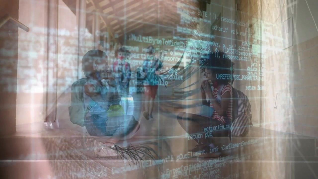 Girls snacking and chatting in school hallway while classmates approaching activating code overlay