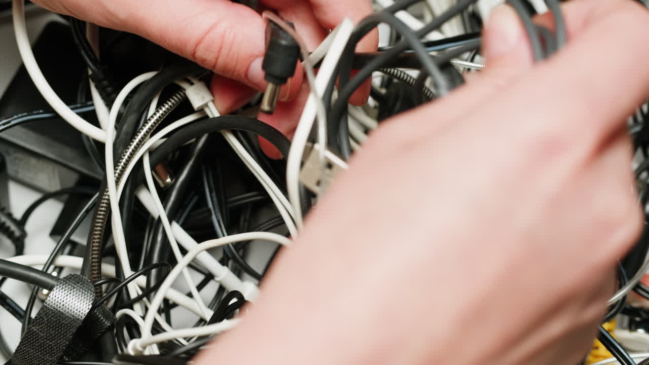 Young woman trying to untangle many various of wires close-up. Tangled wires and cables on table. Trying to untangle many messy and chaos cables