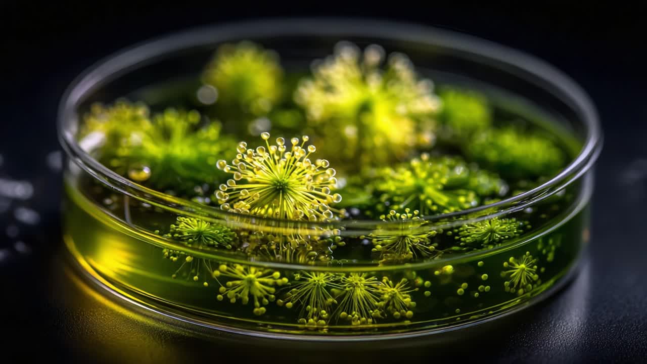 Exploring Microscopic Life: A Close-Up View of Green Algae in a Petri Dish, Showcasing the Intricate Structures and Vibrant Colors of Nature's Hidden Wonders