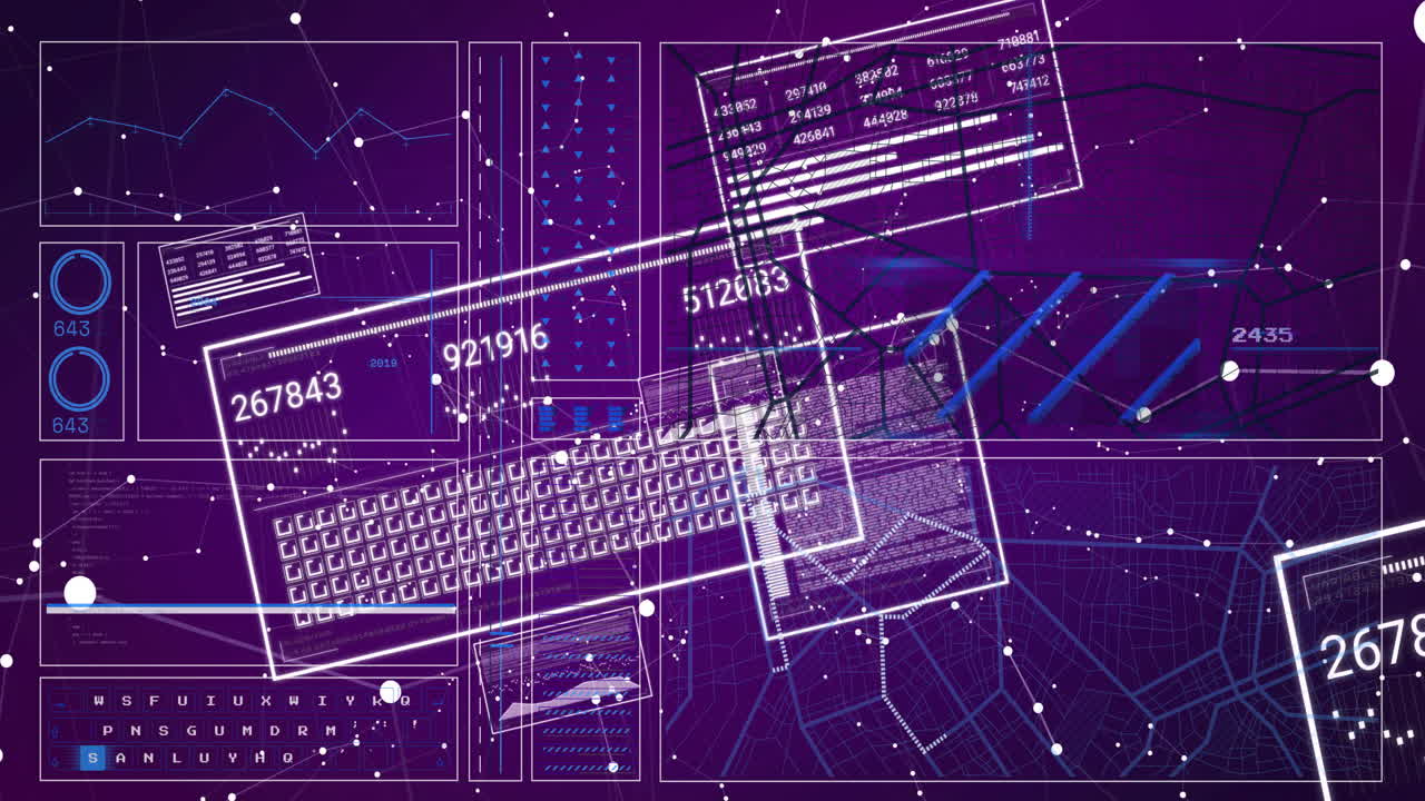 Animation of digital interface with data charts on keyboard and purple background