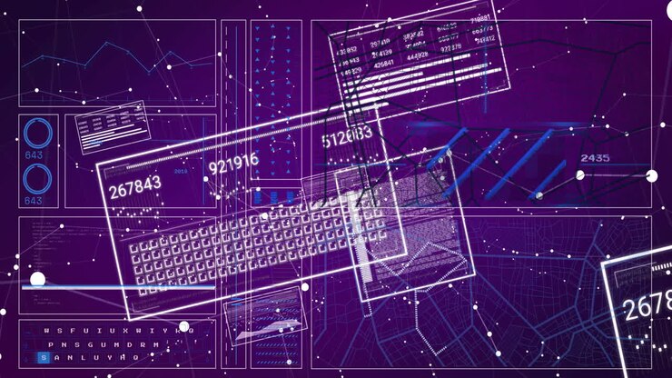 Animation of digital interface with data charts on keyboard and purple background