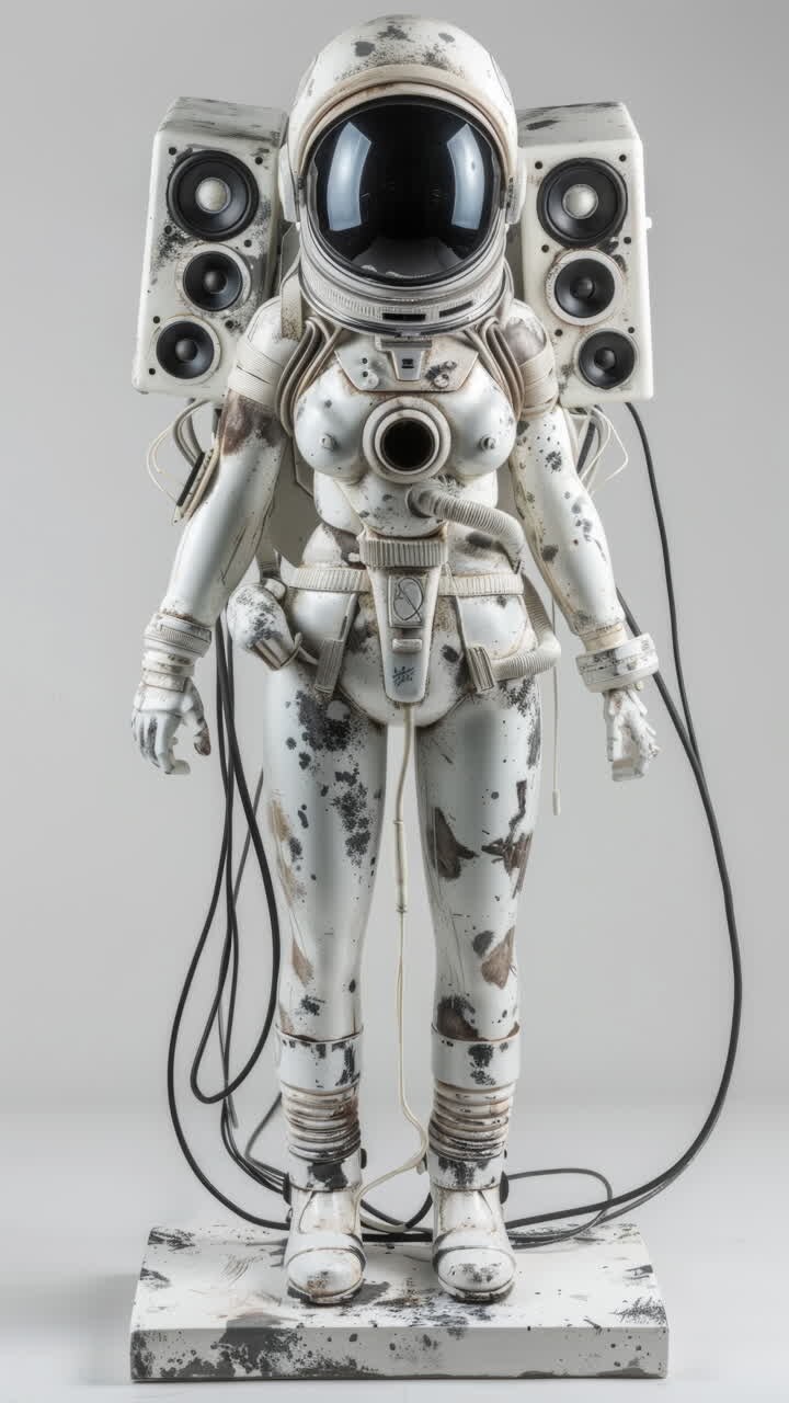 porcelain female statue dolls with audio speakers and headphones made with AI