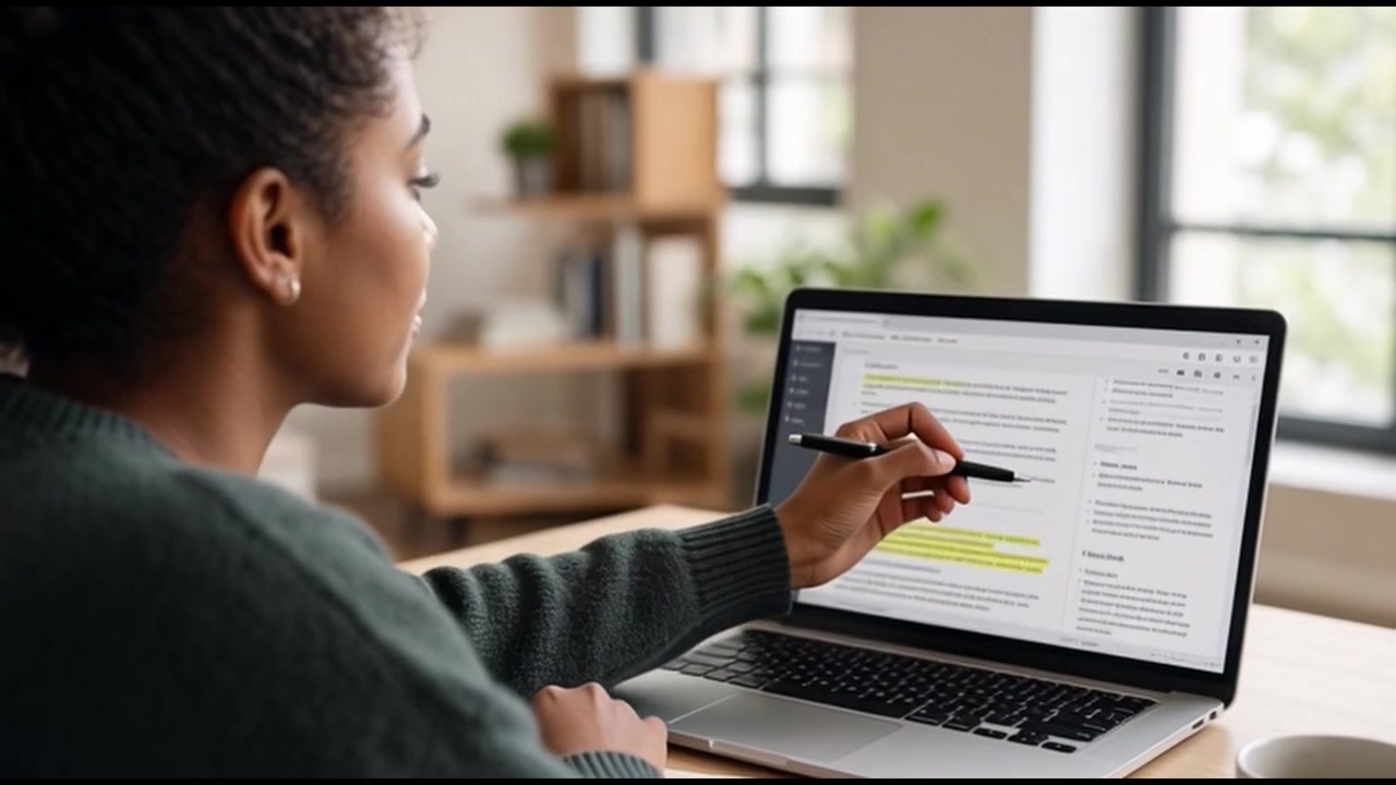 Young Woman Working on Laptop and Taking Notes in Home Office