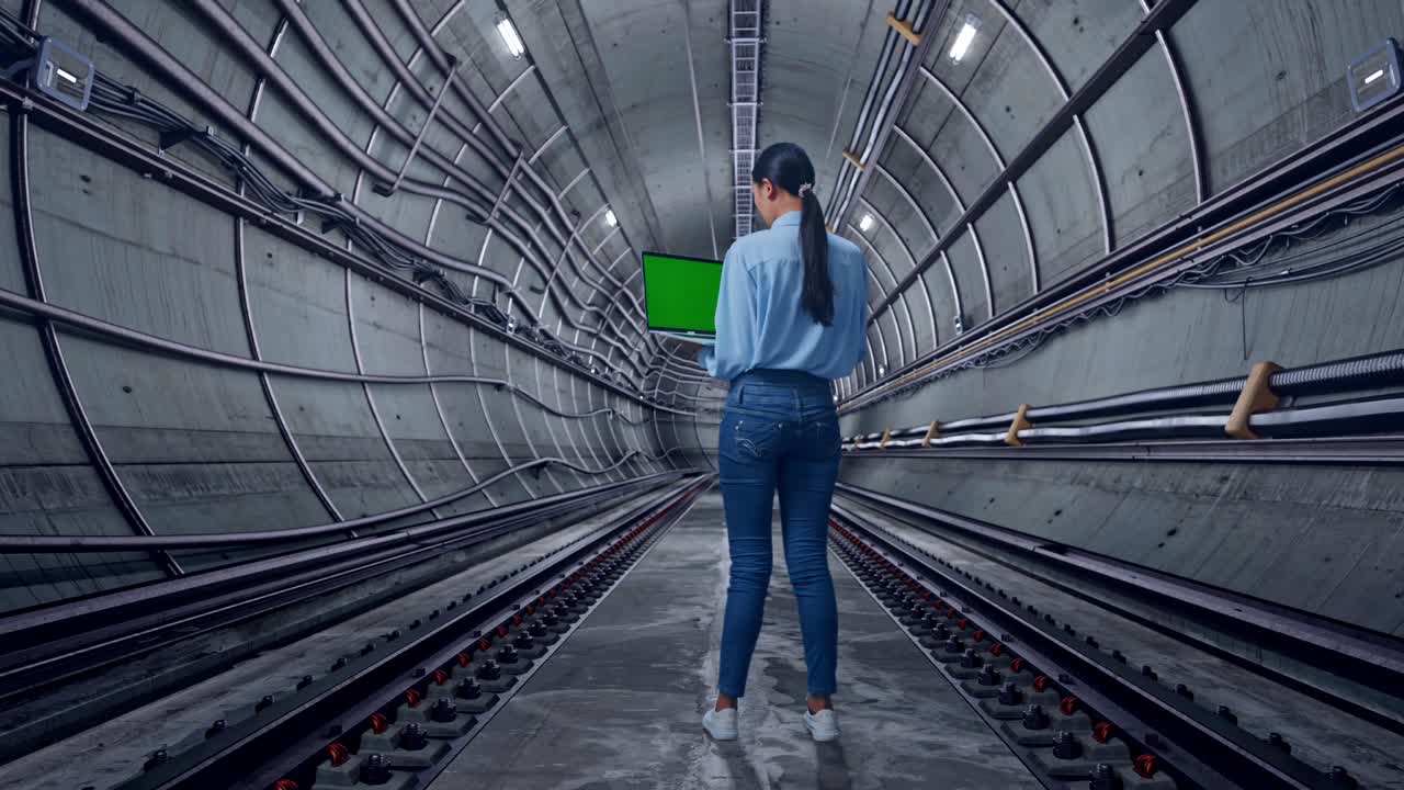 Full Body Back View Of Asian Female In Underground Subway Tunnel, Typing On Laptop'S Keyboard With Green Screen And Look At The Subway Tunnel
