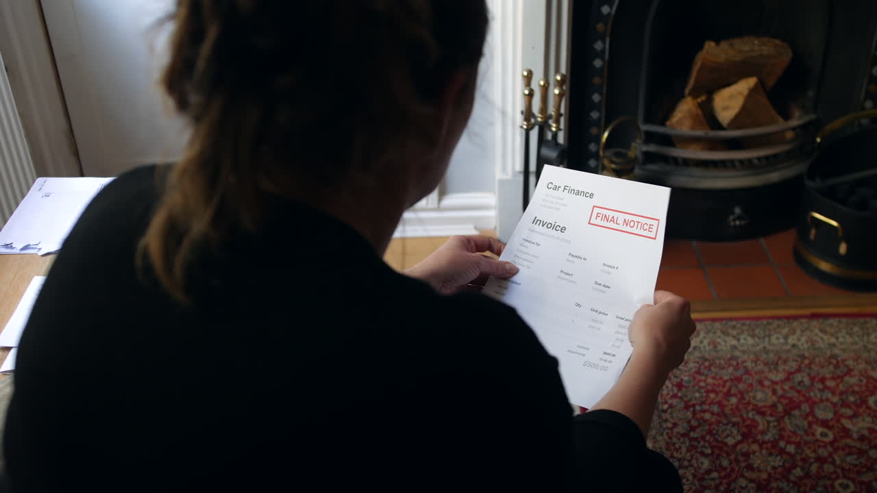 una mujer irreconocible abriendo una carta de deuda
