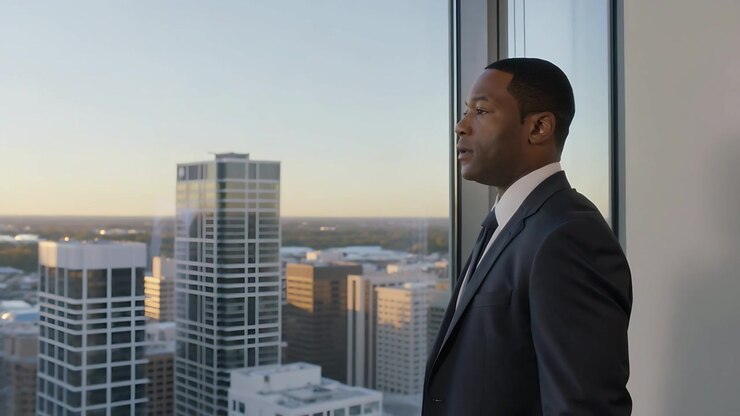 Opening eyes businessman in suit tie breathing shifting gaze toward sunlit city skyline, copy space