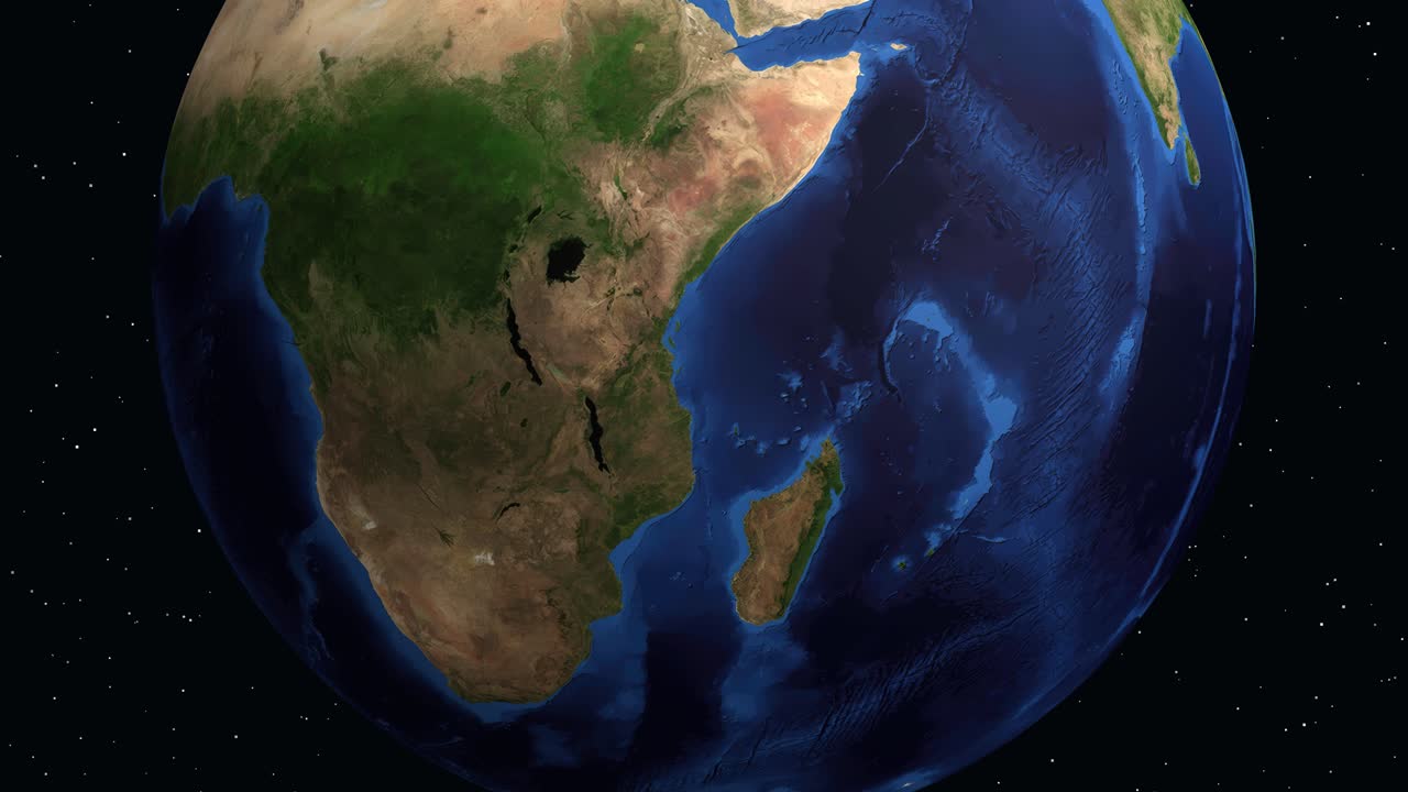 Animazione digitale che si ingrandisce da una Terra rotante nello spazio verso una località specifica in Zambia