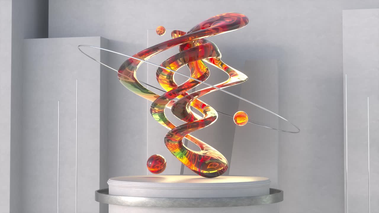 3D animation loop of colorful abstract sculpture installed on round pedestal
