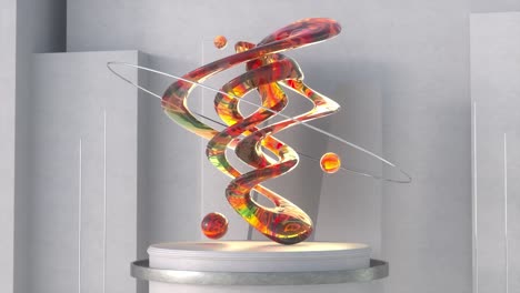 3d animation loop of colorful abstract sculpture installed on round pedestal