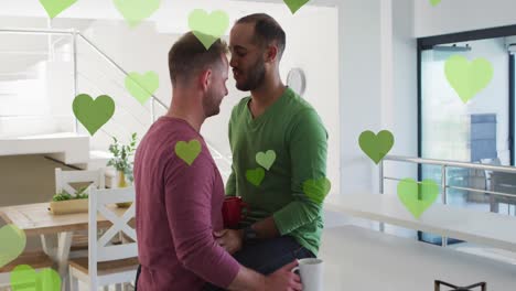 animation of heart icons over diverse gay couple embracing