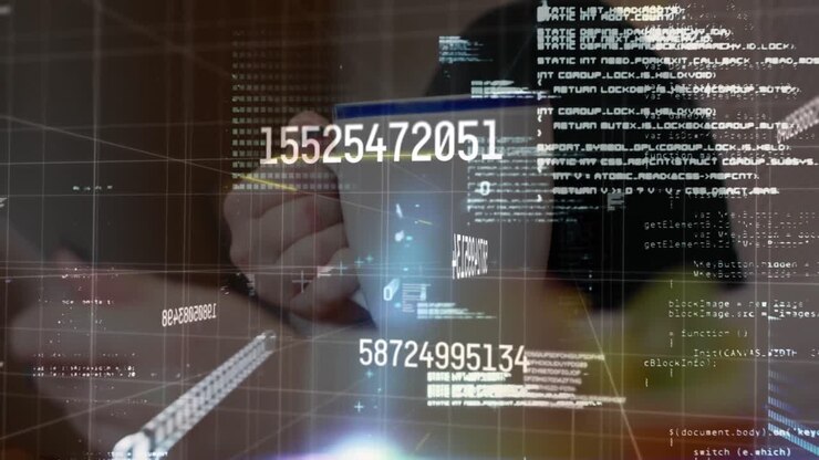 Animation of data processing over mid section of a woman holding a coffee cup at a cafe