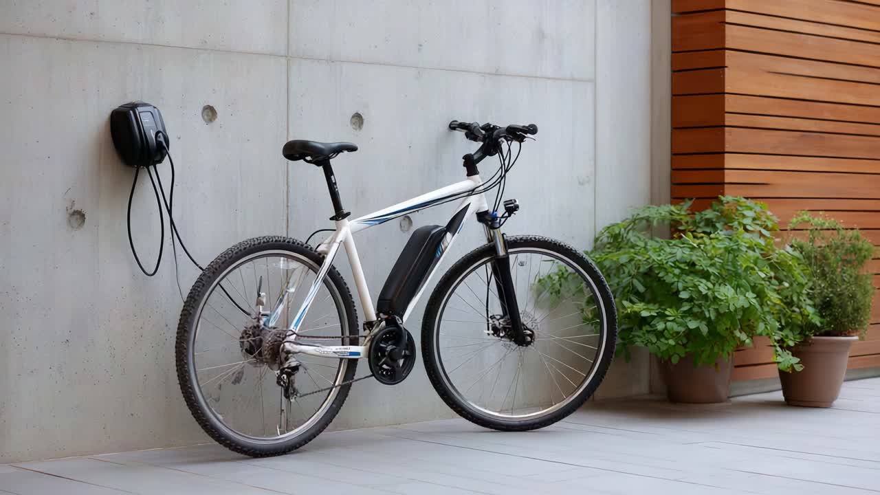 Electric Bicycle Charging Station: A Modern e-Bike Parked Elegantly Against a Stylish Concrete Wall with Complementing Greenery for a Contemporary Urban Look