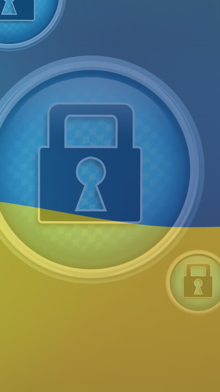 animación de candados digitales en círculos flotando sobre la bandera de ucrania