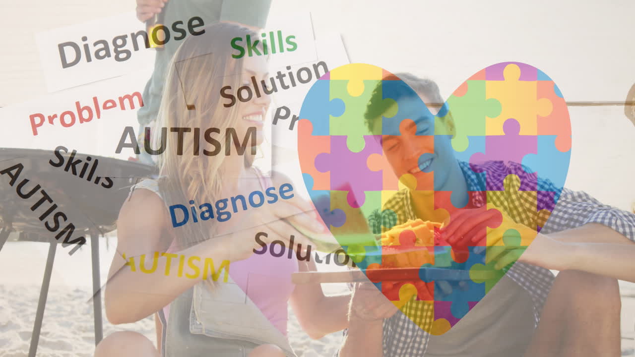 다채로운 퍼즐 조각의 애니메이션 하트 오버 여름 해변 파티에서 행복한 친구