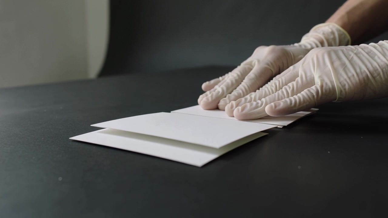 Pressing gloved hands smoothing and sliding folded papers on black table, inspecting alignment