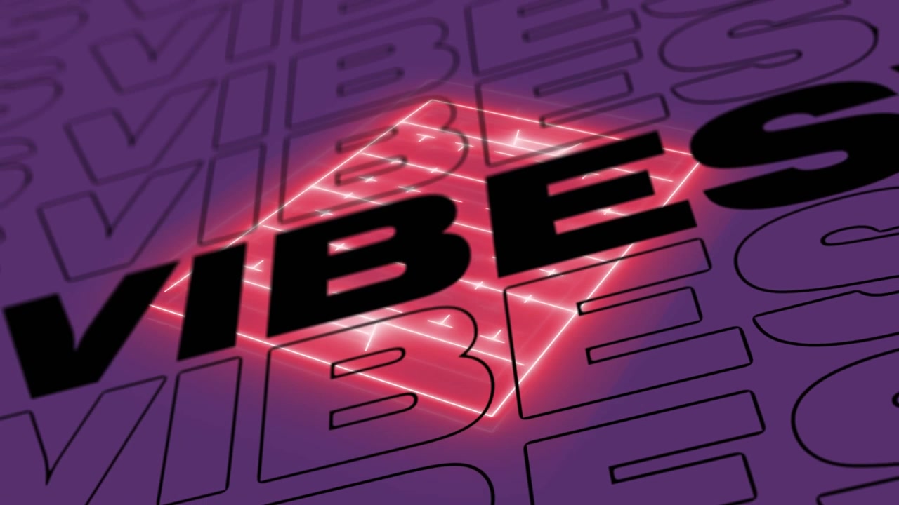 Animation af teksten 'vibes' over en farverig mønstret baggrund.