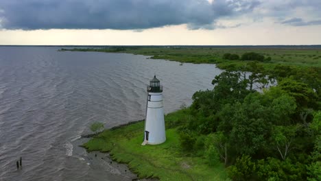 droning back from light station to reveal the area and river