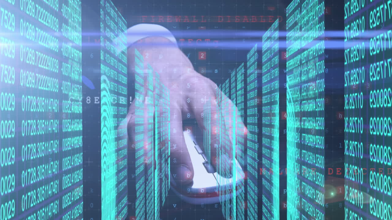 사람 위에 숫자의 선을 보여주는 스크린의 방의 애니메이션