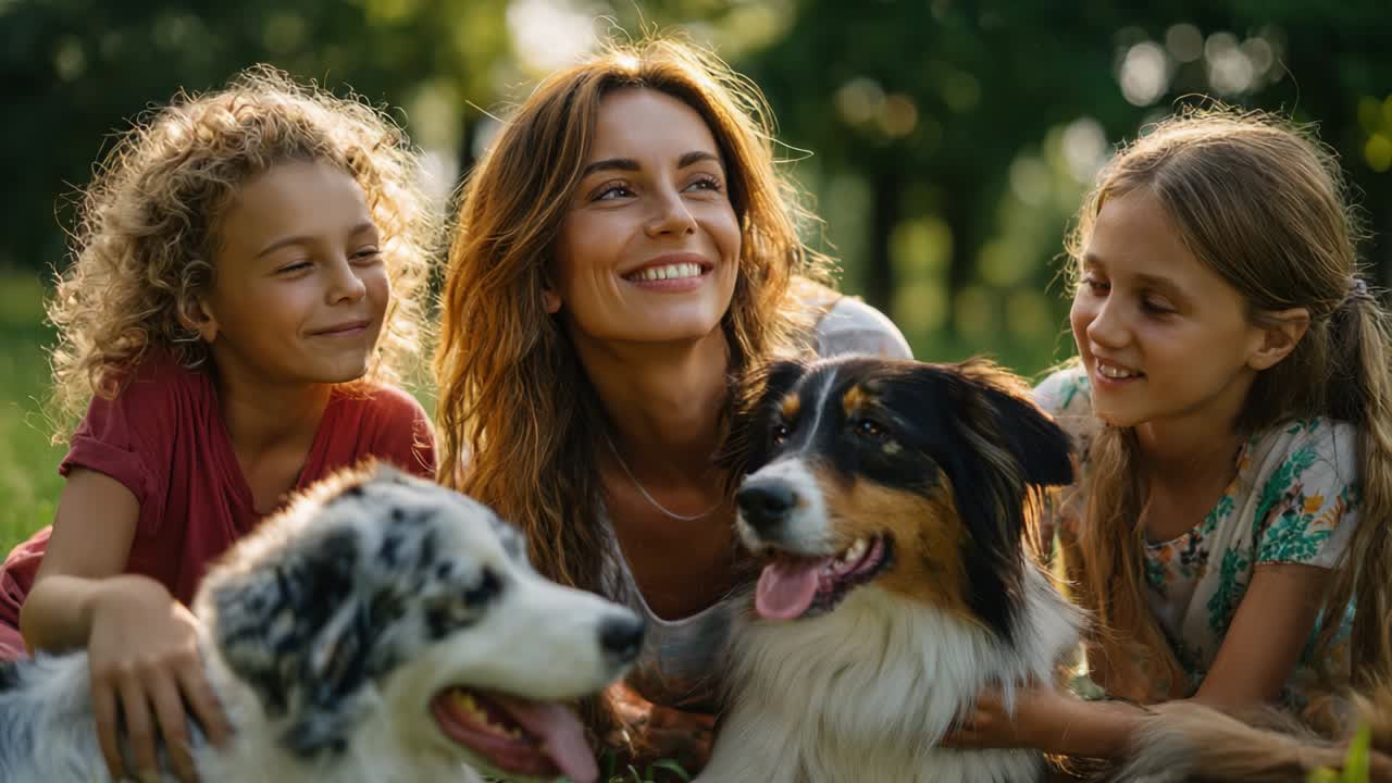 A happy family with their dogs in the park
