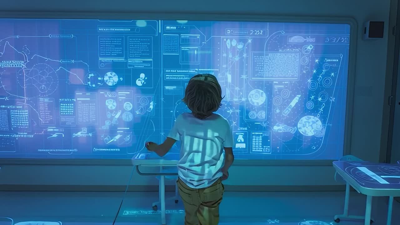 Child explores advanced technology in a futuristic classroom setting