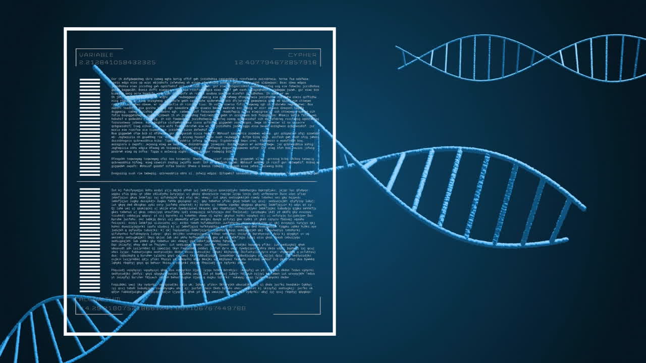 DNA strands and scientific document, genetic research animation