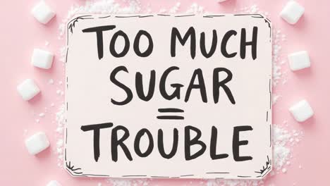handwritten sign stating too much sugar trouble on pink background with sugar and marshmallows, promoting awareness of excessive sugar consumption and its negative health effects