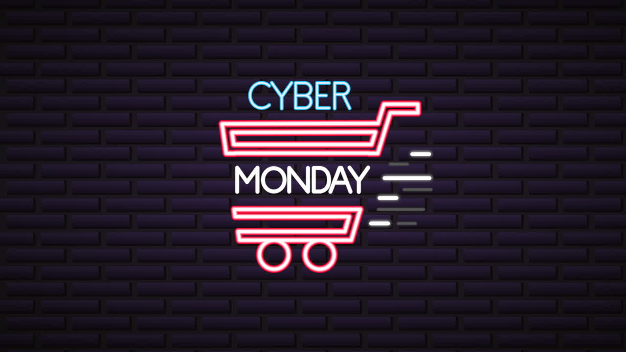 cyber lunes luces de neón animación con carrito de compras