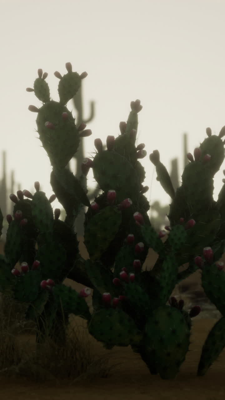 Cacti thrive under a soft mist on a quiet desert morning with gentle light