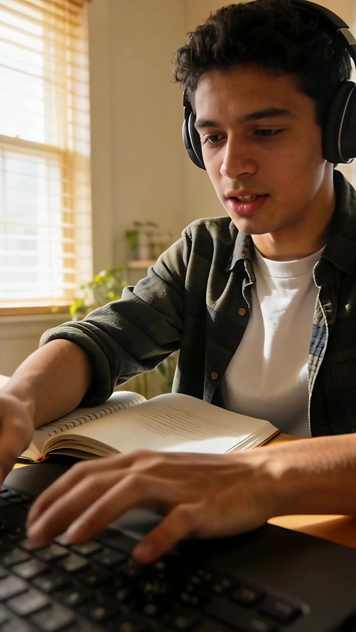 Vídeo vertical: Estudante lendo, de xadrez e fones de ouvido, digitando no laptop e escrevendo anotações perto da janela.