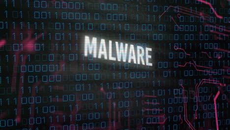 código binario con animación de texto de malware sobre fondo digital