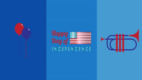 happy independence day text over balloons and trumpet icons against blue background