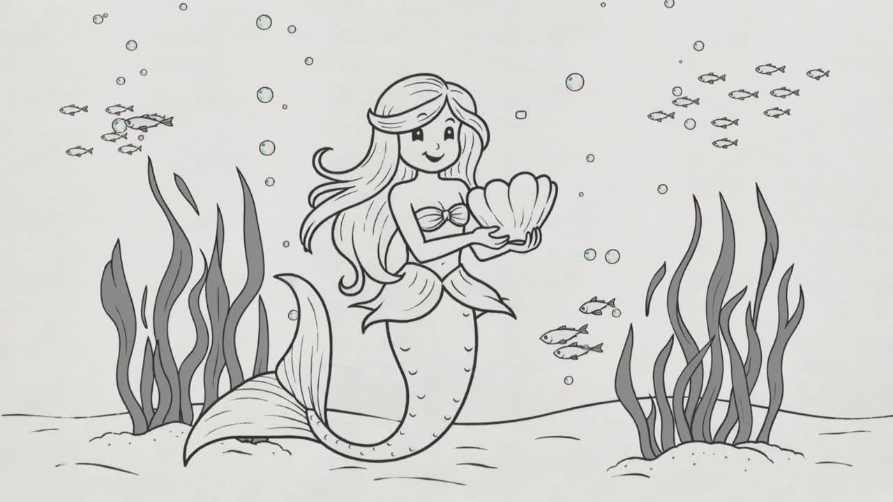 Sirena sorridente con corpetto a conchiglia che regge una conchiglia di capasanta sul fondale marino, con la corrente che muove pesci, alghe e bolle.