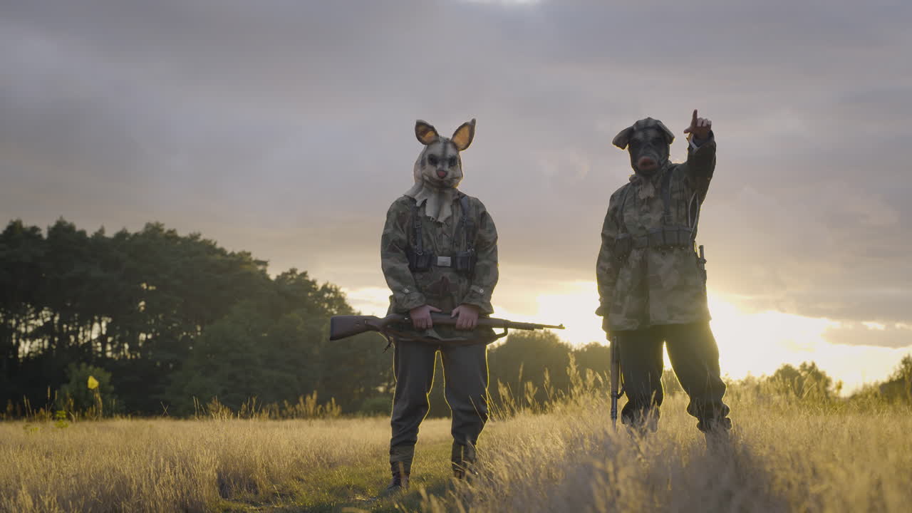 Soldiers in masks at sunset