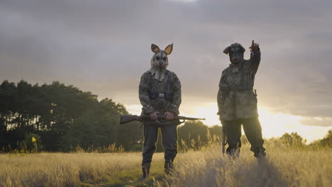 soldiers in masks at sunset