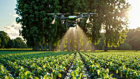 aerial video of a drone spraying crops in a field. low-angle shot captures the drone's movement