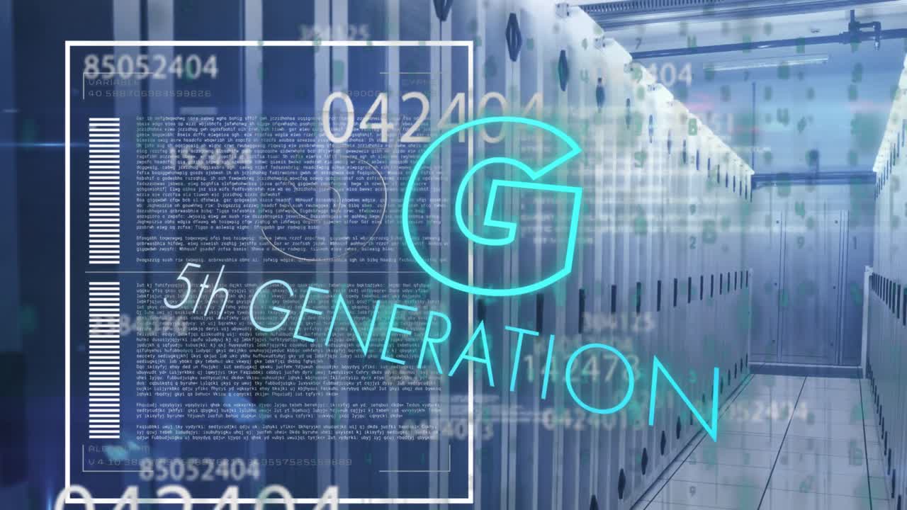 animación de banner de texto 5g, cambio de números y procesamiento de datos contra la sala de servidores de computadora
